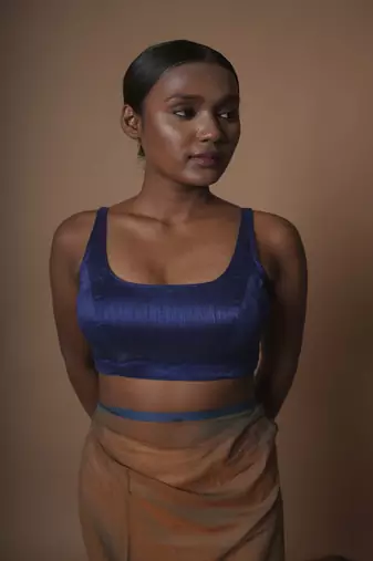 Blue Cotton Silk Sleeveless Blouse