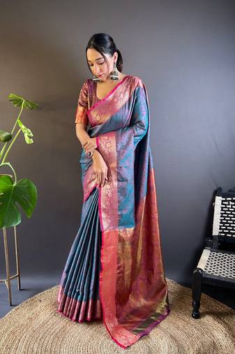 Blue soft kashmri silk with rich zari pallu saree with contrast blouse
