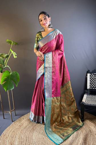 Pink soft kashmri silk with rich zari pallu saree with contrast blouse