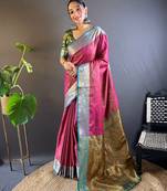 Pink soft kashmri silk with rich zari pallu saree with contrast blouse