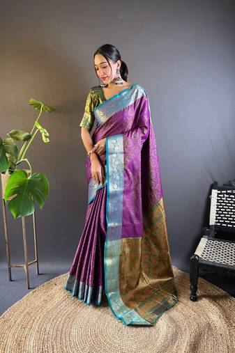 Puple soft kashmri silk with rich zari pallu saree with contrast blouse