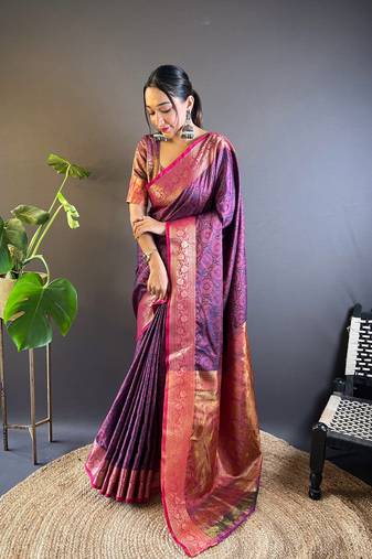 Dark blue soft kashmri silk with rich zari pallu saree with contrast blouse