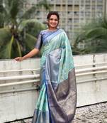Blue traditional kanjivaram tissue silk saree with zari work and contrast blouse