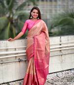 Peach traditional kanjivaram tissue silk saree with zari work and contrast blouse