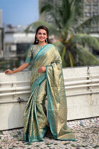 Grey pure soft zari tissue leheriya saree with contrast blouse