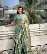 Grey pure soft zari tissue leheriya saree with contrast blouse