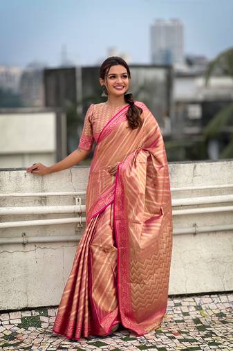Peach pure soft zari tissue leheriya saree with contrast blouse