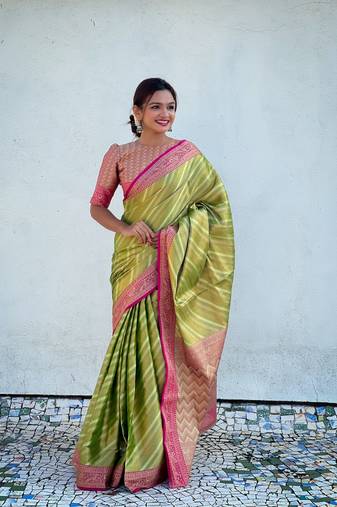 Green pure soft zari tissue leheriya saree with contrast blouse