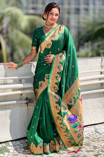 Green zari woven lotus yeola paithani silk saree