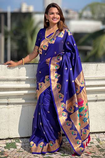 Navy blue zari woven lotus yeola paithani silk saree
