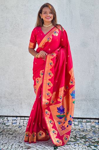 Pink zari woven lotus yeola paithani silk saree