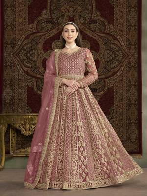 Peach embroidered net anarkali suit 1