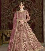 Peach embroidered net semi stitched anarkali suit
