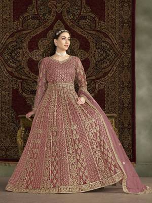 Peach embroidered net anarkali suit 3