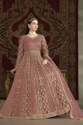 Peach embroidered net anarkali suit