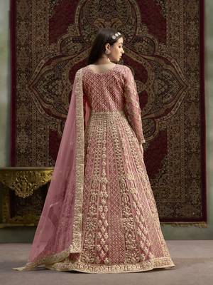 Peach embroidered net anarkali suit 4