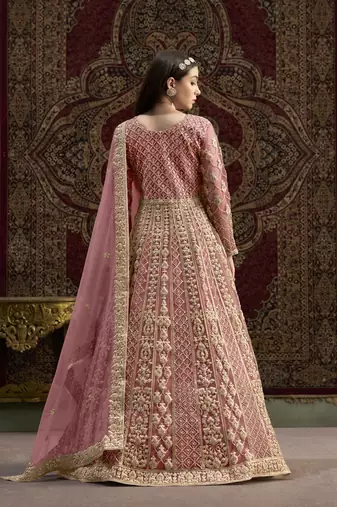 Peach embroidered net anarkali suit