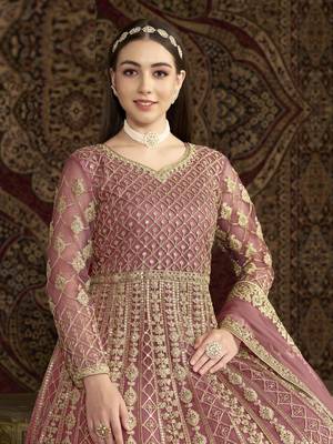 Peach embroidered net anarkali suit 5