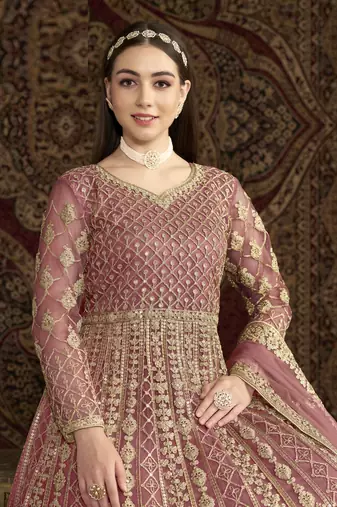Peach embroidered net anarkali suit