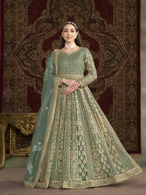 Green embroidered net anarkali suit 1