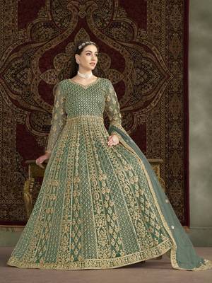 Green embroidered net anarkali suit 2