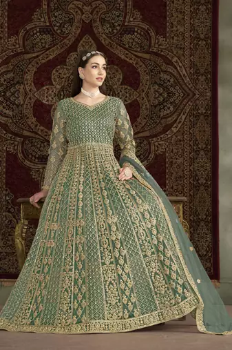 Green embroidered net anarkali suit