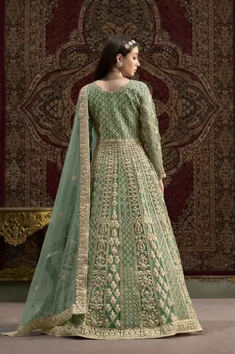 Green embroidered net anarkali suit