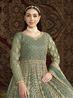 Green embroidered net anarkali suit 4