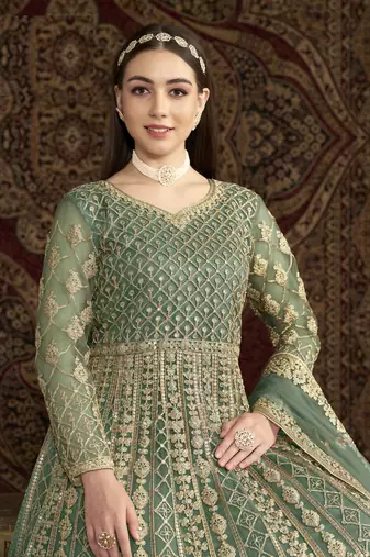 Green embroidered net anarkali suit