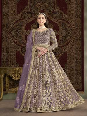 Purple embroidered net anarkali suit 1