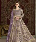 Purple embroidered net semi stitched anarkali suit