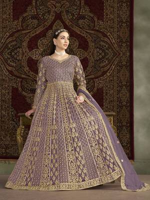 Purple embroidered net anarkali suit 2