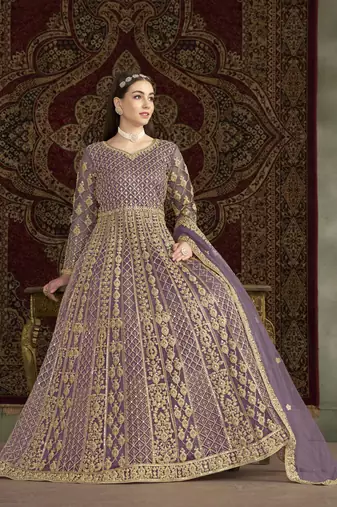 Purple embroidered net anarkali suit