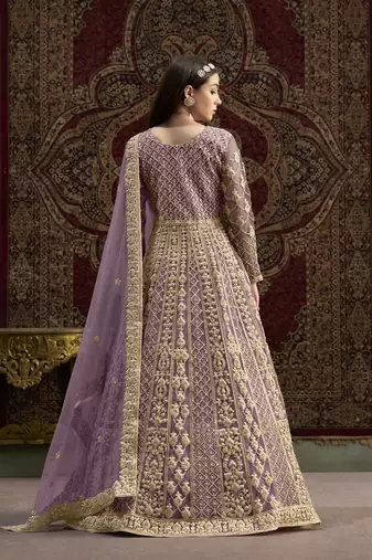 Purple embroidered net anarkali suit