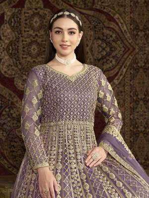Purple embroidered net anarkali suit 4