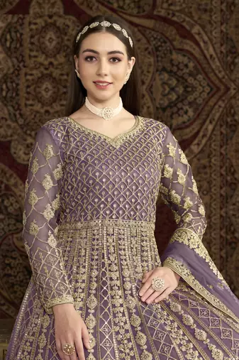 Purple embroidered net anarkali suit