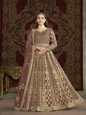Coffee embroidered net anarkali suit 1