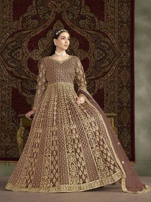 Coffee embroidered net anarkali suit 2