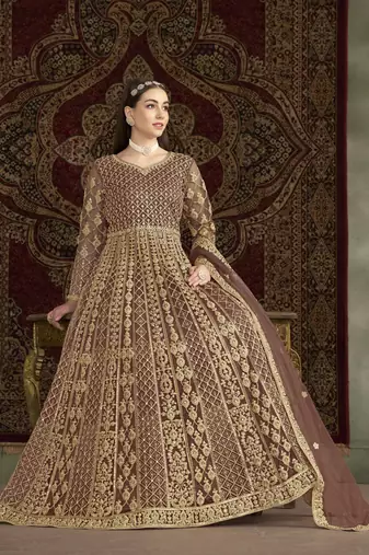 Coffee embroidered net anarkali suit