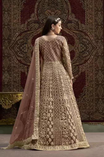 Coffee embroidered net anarkali suit