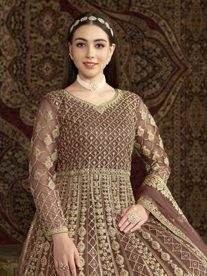 Coffee embroidered net anarkali suit 4