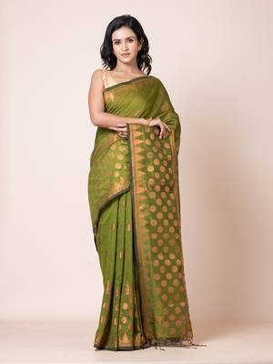Puku green blended cotton zari work saree with running blouse fabric 1