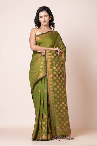 Puku green blended cotton zari work saree with running blouse fabric