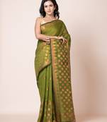 Puku green blended cotton zari work saree with running blouse fabric