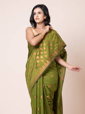 Puku green blended cotton zari work saree with running blouse fabric 2