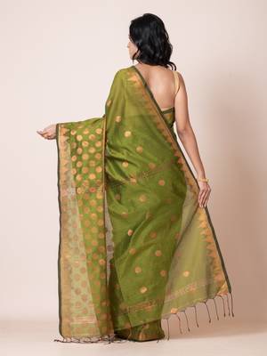 Puku green blended cotton zari work saree with running blouse fabric 3