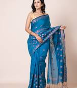 Puku teal blended cotton zari work saree with running blouse fabric