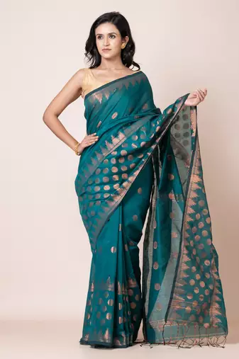 Puku green blended cotton zari work saree with running blouse fabric