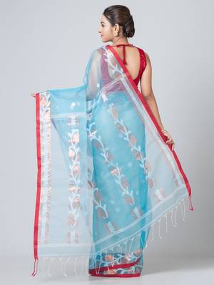 Puku resham silk and cotton jamdani work saree with blouse fabric 3
