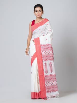 Puku pure cotton white and red border jamdani work saree with running blouse fabric 1
